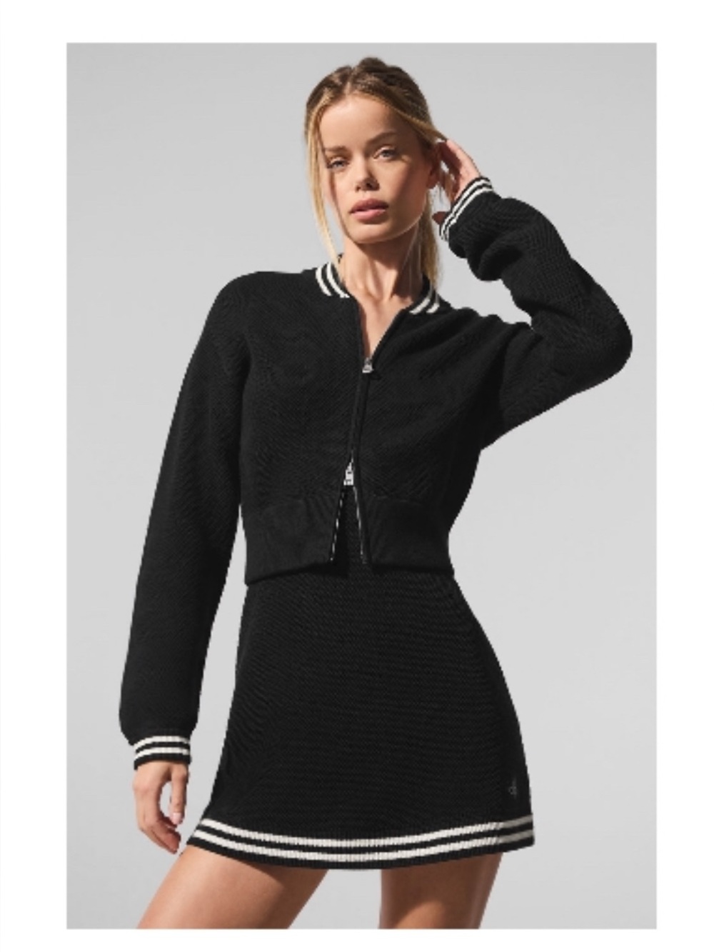 ALO Black Knit Zip-Up Bomber Jacket with Contrast Trim